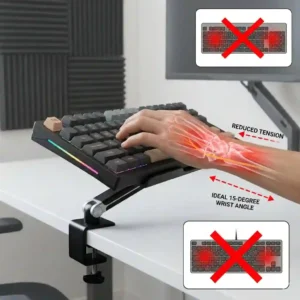 A medical illustration showing how using a keyboard stand for desk helps in preventing wrist pain and carpal tunnel.