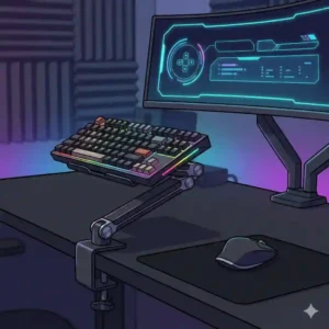 A compact mechanical gaming keyboard stand for desk featuring customizable RGB lighting and sturdy base.