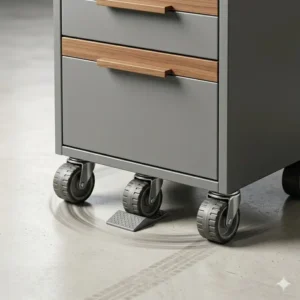 An elegant contemporary file cabinet with an executive wood finish in a professional office.