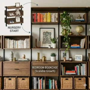 An illustration showing how the customisable shelving can grow from a nursery to a bedroom configuration.