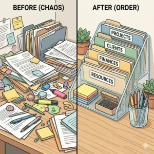 Side by side comparison of a cluttered workspace next to a neat setup using a multi-slot file organizer for desk management.