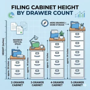Floor plan drawing illustrating the required clearance for various filing cabinet sizes when open.
