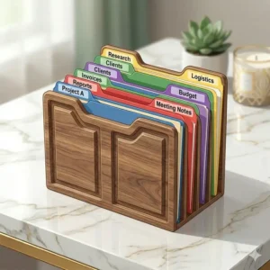 A rustic wooden file folder holder designed for a classic executive desk aesthetic.
