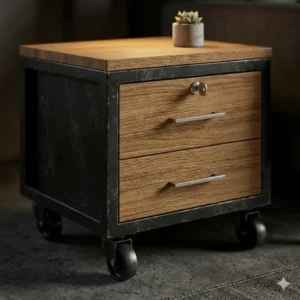 Industrial style end table filing cabinet featuring a reclaimed wood top and a sturdy black metal frame.