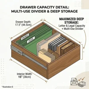 Internal view of the spacious storage capacity provided by a deep drawer end table file cabinet.