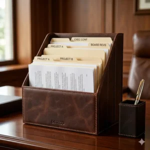 A luxury brown leather file holder for desk environments looking for a professional executive stationery setup.