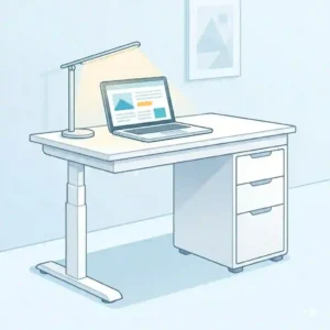 Detailed view of the storage capacity inside an adjustable desk with drawers.