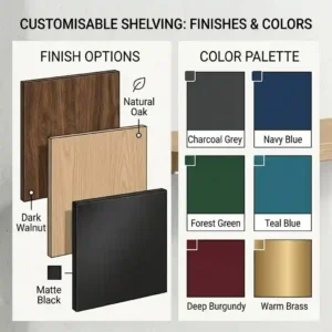 A palette showing the various color and finish options available for the customisable shelving.