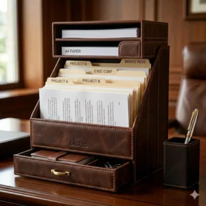 A combination file holder for desk utility featuring horizontal paper trays and a bottom storage drawer.