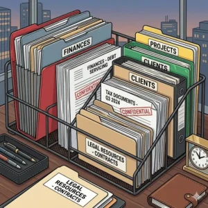 Sturdy steel wire file organizer for desk organization holding thick binders and heavy tax documents in a corporate office.