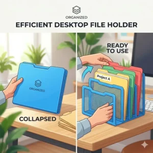 A collapsible blue plastic file folder holder being folded flat for easy storage and transport.