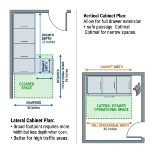 Professional comparison between fireproof and standard metal filing cabinet sizes and exterior dimensions.