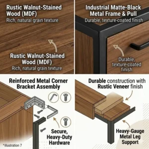 An industrial-inspired end table file cabinet featuring a rustic wood finish and sturdy metal frame.