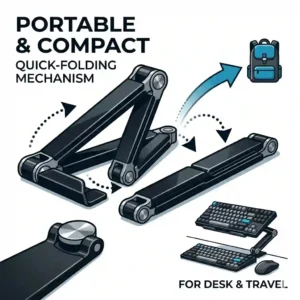 A portable folding keyboard stand for desk use that can be easily collapsed for travel and remote work.