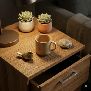 The top surface of an end table filing cabinet decorated with a ceramic vase and a small indoor plant.