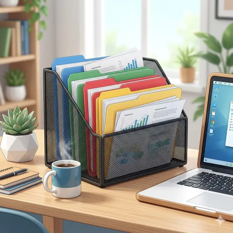 A sleek modern desktop file organizer made of mesh metal holding folders and documents on a clean white office desk.