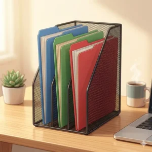 Illustration showing a vertical desktop file organizer with multiple tiers to save space on a narrow workspace.