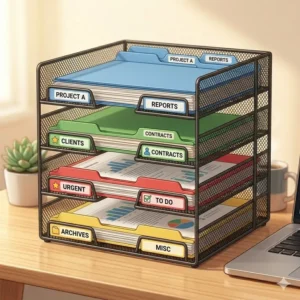 A colorful desktop file organizer with labeled tabs and color-coded folders for better document management.