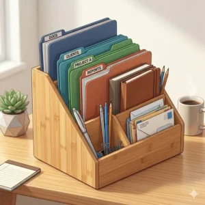 An eco-friendly bamboo desktop file organizer holding notebooks and mail in a warm, rustic study setting.
