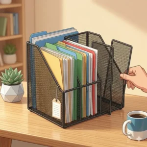 An adjustable desktop file organizer with removable dividers to accommodate different folder thicknesses.
