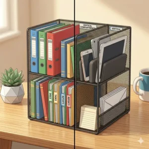 A side-by-side comparison of a messy workspace and a tidy desk using a desktop file organizer to sort loose papers.