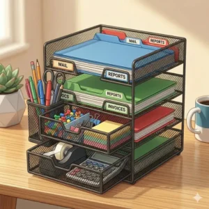 A multi-functional desktop file organizer that includes a built-in drawer and a dedicated pen holder for office supplies.
