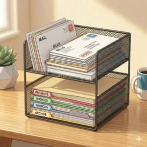 A stackable horizontal desktop file organizer designed for easy access to letters and A4 documents.
