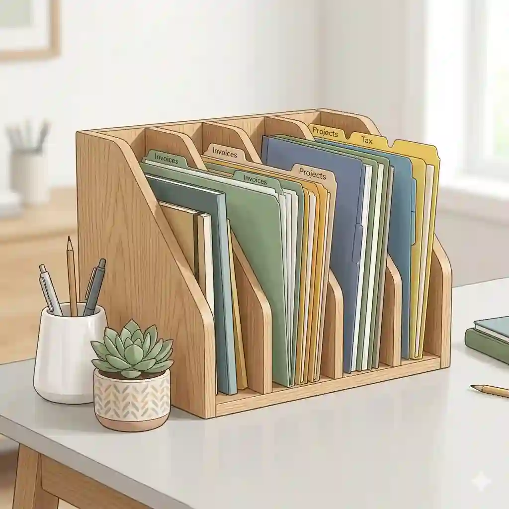 A beautifully styled wooden desk top file organizer holding documents and notebooks on a clean, modern office desk.