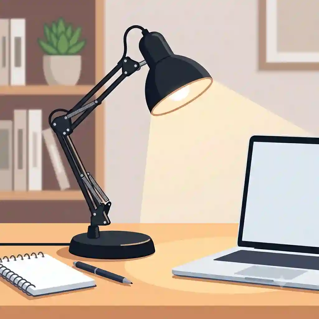 A sleek black desk lamp illuminating a modern minimalist home office setup with a laptop and notebook.