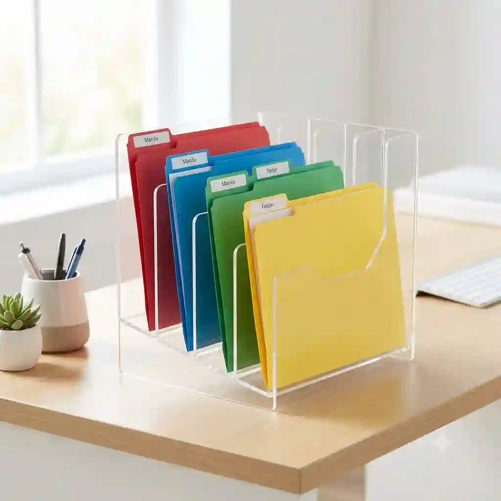 A multi-slot acrylic file sorter holding colored folders on a clean modern office desk.