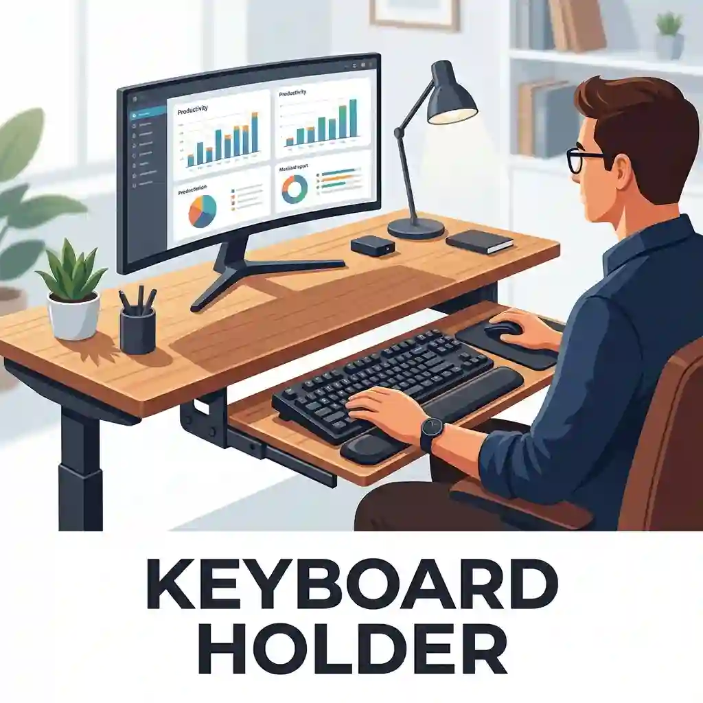 An ergonomic office desk setup featuring an adjustable under-desk keyboard holder with a wrist rest.