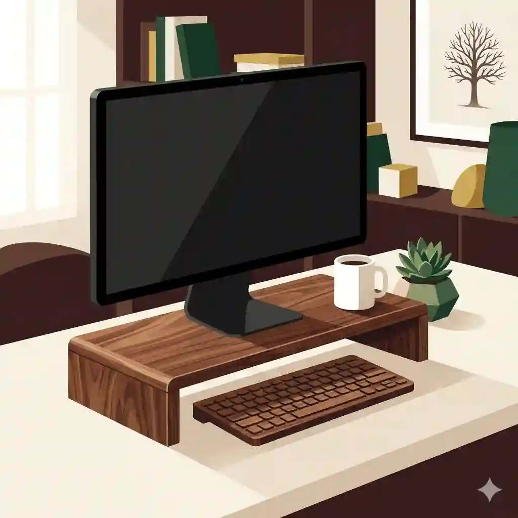 Premium screen stand wood desk organizer with a monitor and office accessories.