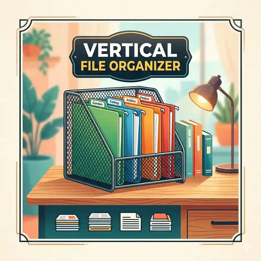 A sleek metal vertical file organizer holding folders and documents on a modern office desk.
