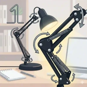 Illustration showing the adjustable neck and rotating head of a flexible black desk lamp.