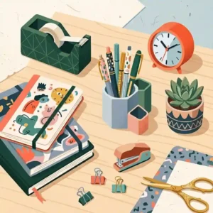 Vibrant illustration of aesthetic unique office supplies arranged neatly on a pastel-colored desk