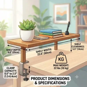 An illustrated diagram showing the exact dimensions and weight capacity of an ergonomic clamp on desk shelf.