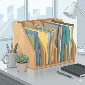 Side-by-side comparison of a messy workspace next to a neat workspace utilizing a mesh desk top file organizer.