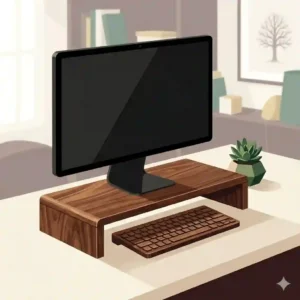 Illustration showing ergonomic eye level view using a screen stand wood riser.