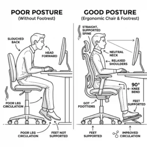 Line art illustration showing the posture benefits of ergonomic office chairs with footrests.
