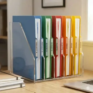 A clear acrylic file folder holder for desk storage showing modern transparent compartments.