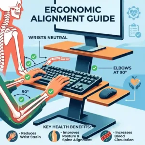 An infographic illustration demonstrating proper wrist alignment and posture when using a standing computer keyboard stand.