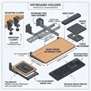 A detailed diagram illustrating the measurements and components of a sliding keyboard holder.