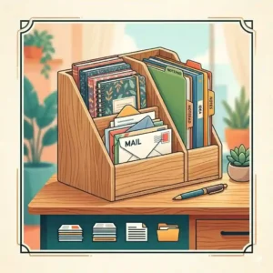 An illustration of a wooden vertical file organizer neatly sorting mail and notebooks on a workspace