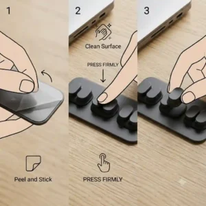 Step-by-step diagram showing how to peel and stick a magnetic cable organizer base onto a desktop surface.