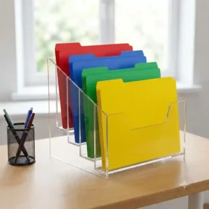 An illustration of a three-tier mesh file sorter organizing documents next to a laptop.