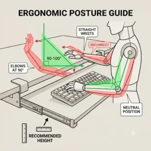 An illustration demonstrating correct typing posture and arm angles using an under-desk pull out keyboard tray.