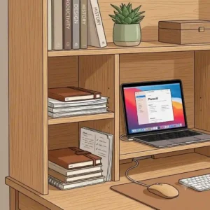 An illustration of a minimal wood desk hutch paired with an ergonomic chair in a cozy workspace.