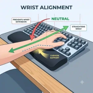 Illustration showing the correct neutral wrist angle achieved when using a wrist cushion keyboard pad.
