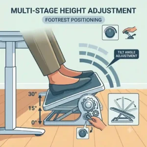 adjustable footrest illustrating the mechanism used to adjust the angle and tilt of the platform.