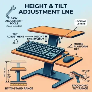 A line art illustration showing how to adjust the height and tilt of a standing computer keyboard stand for optimal comfort.